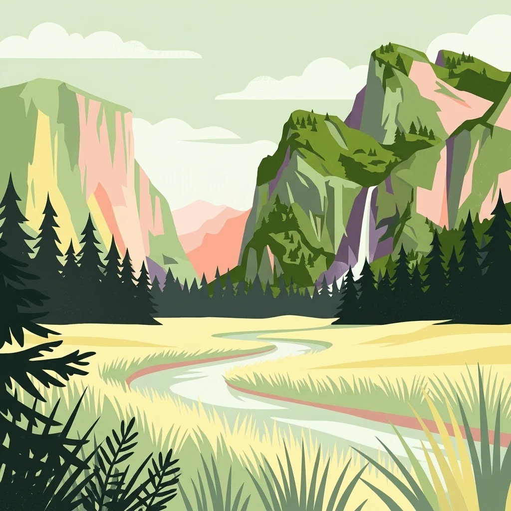A flat-style digital illustration showing a winding river through a grassy valley, flanked by evergreen forests and steep mountain cliffs with a waterfall.