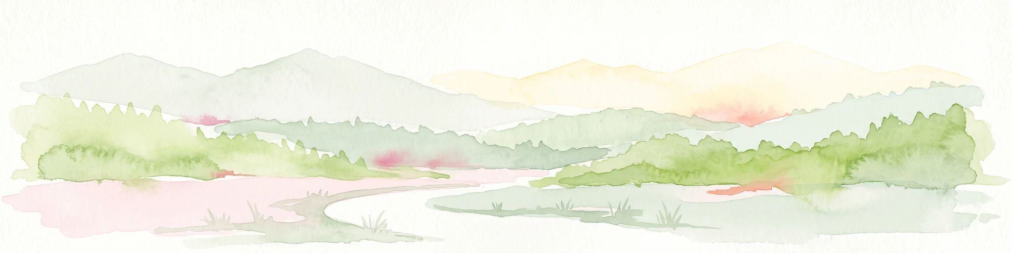 Ilustración en acuarela que muestra un paisaje de enfoque suave con colinas onduladas, un arroyo serpenteante y toques de color floral rojo sobre un fondo claro.