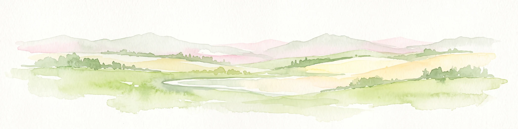 Una pintura a la acuarela que representa un paisaje de enfoque suave con colinas verdes onduladas, una pequeña charca o zona pantanosa en primer plano, y colinas brumosas y lejanas al fondo.