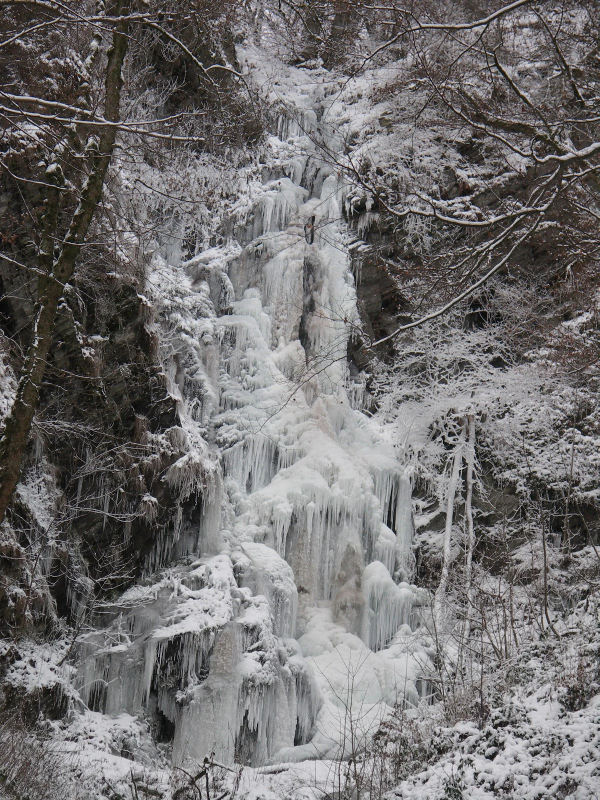 A vertical view of the Plästerlegge waterfall frozen into large ice formations, surrounded by a snow-covered ravine forest.
