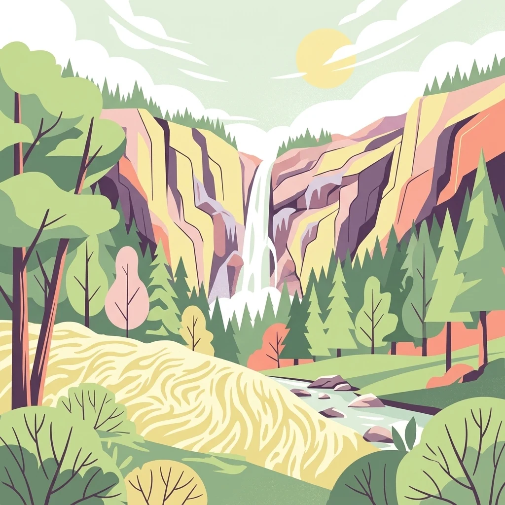 An artistic vector illustration showing a waterfall flowing down a rocky canyon wall into a stream, surrounded by coniferous and deciduous trees under a sunny sky.