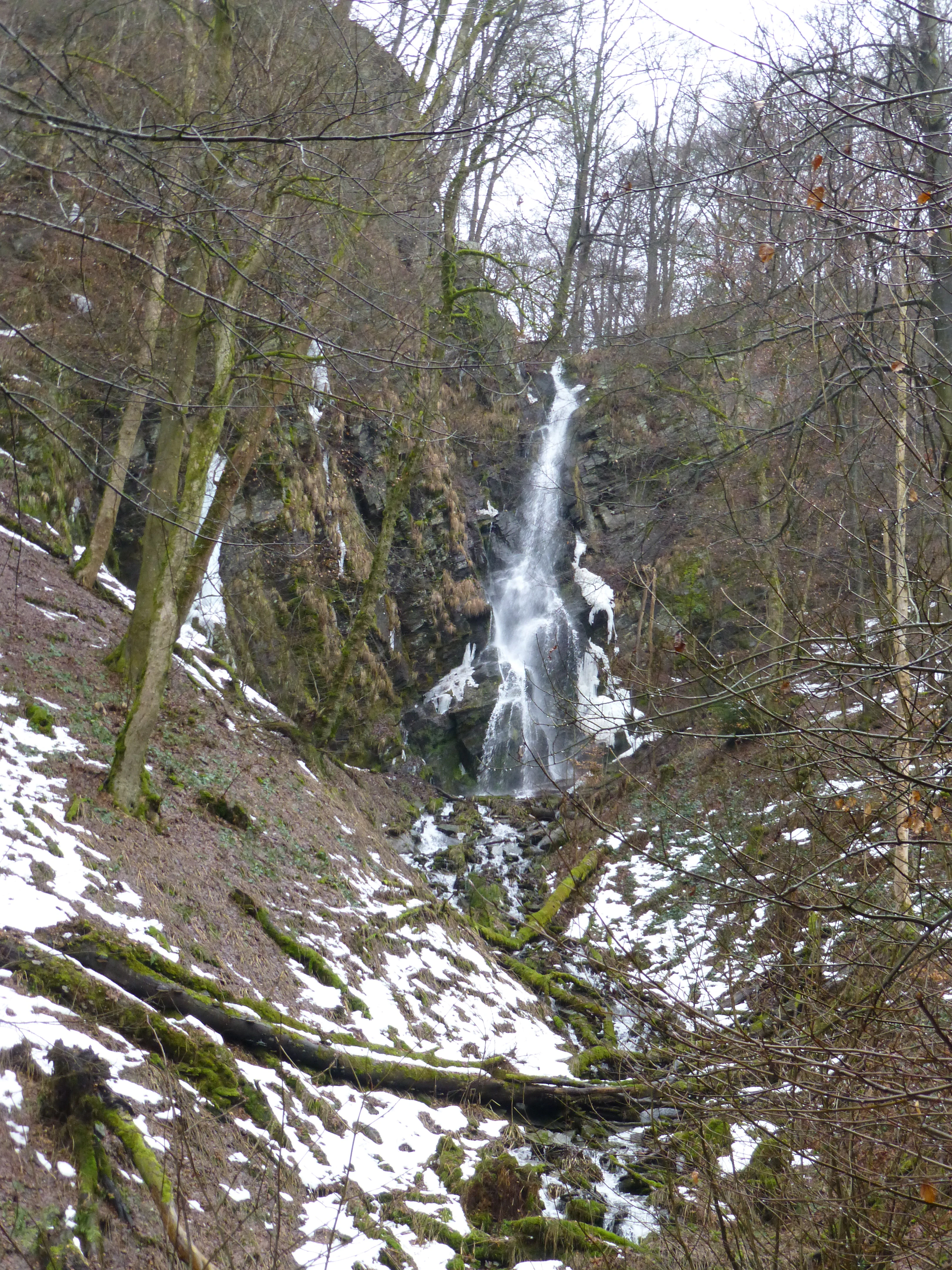A narrow, cascading waterfall flowing down a rocky, forested ravine, with patches of snow on the ground and leafless trees.