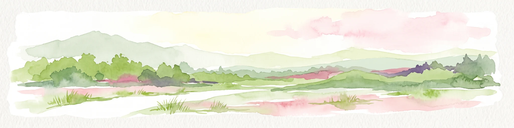 Una ilustración horizontal en acuarela que representa un paisaje suave e impresionista con colinas onduladas, prados y árboles en tonos verdes, rosas y gris claro.