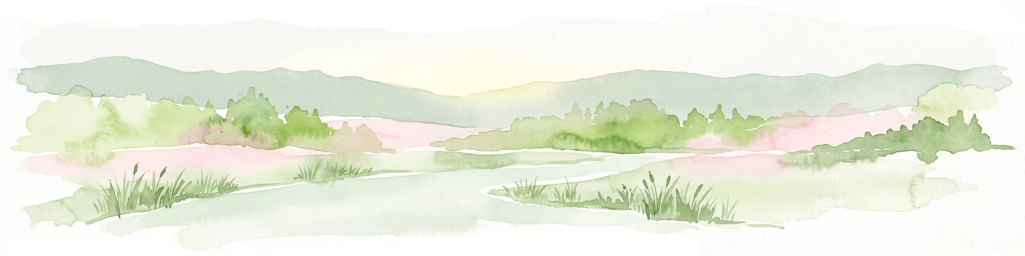 A soft watercolor illustration of a wide river landscape with rolling green hills in the background and grassy riverbanks in the foreground.