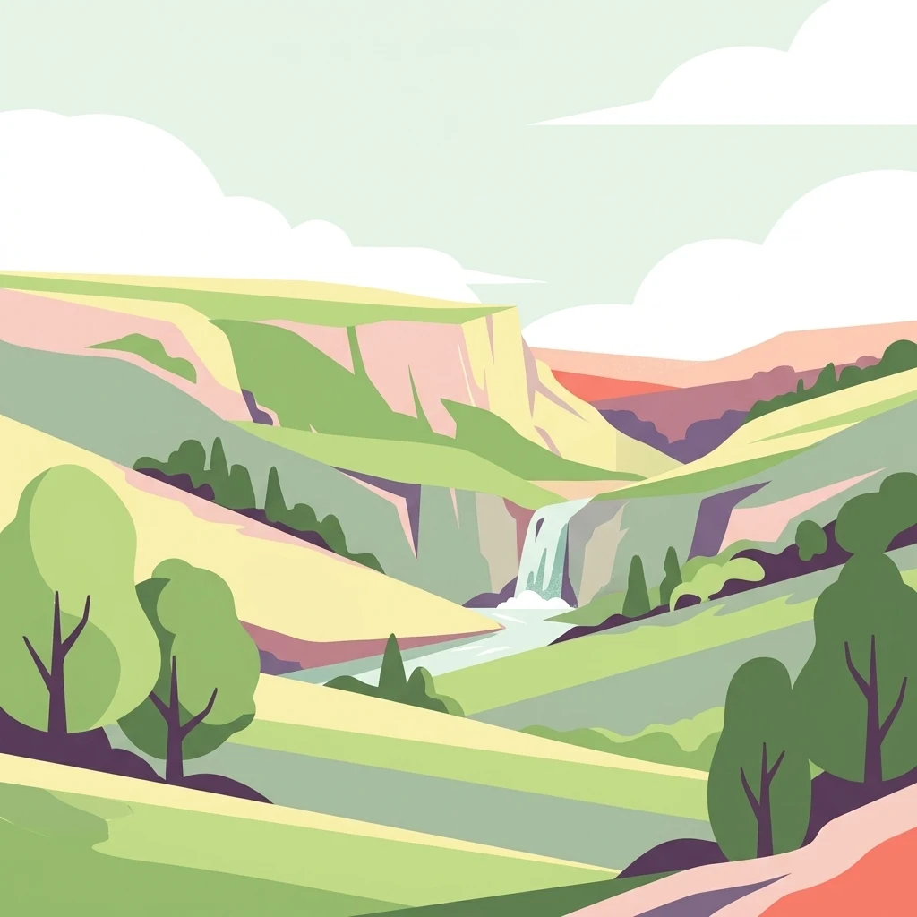 A stylized vector illustration of a landscape featuring green hills, trees, a river, and a waterfall flowing through a valley with cliffs in the background.