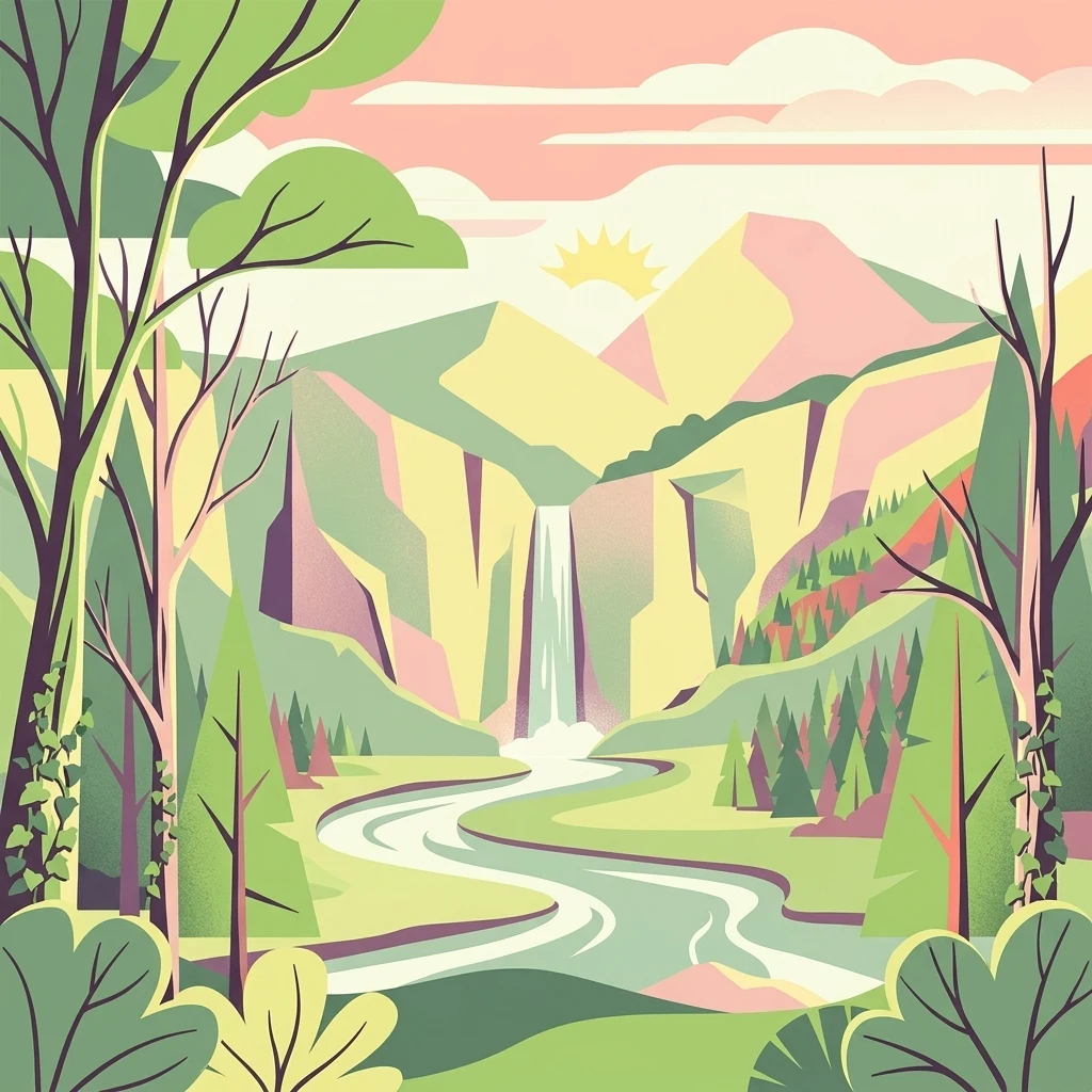 Una ilustración plana de estilo vectorial de un valle montañoso natural con un río serpenteante, una cascada central y bosques circundantes bajo un sol suave.