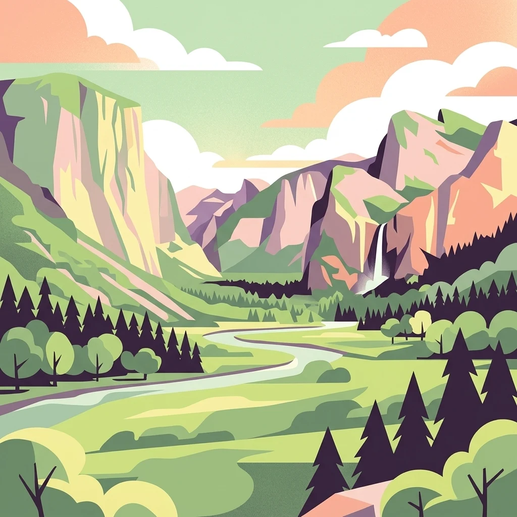 Una ilustración gráfica que representa un valle con montañas altas a cada lado, un río serpenteante, una cascada en la distancia y bosques de coníferas en la base de las montañas.