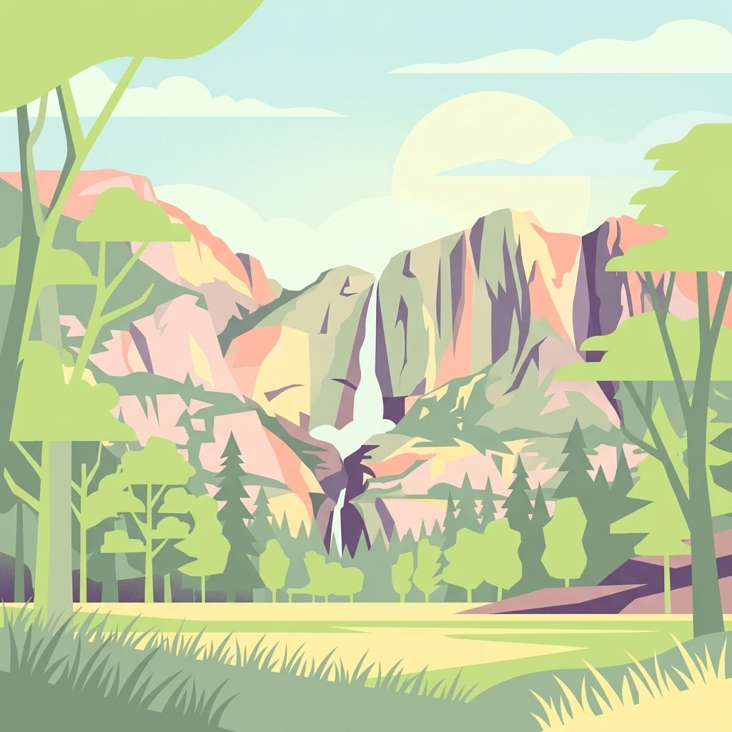 An artistic, flat-style digital illustration showing a valley with a waterfall cascading down steep rocky cliffs, framed by foreground trees and grassy meadows.