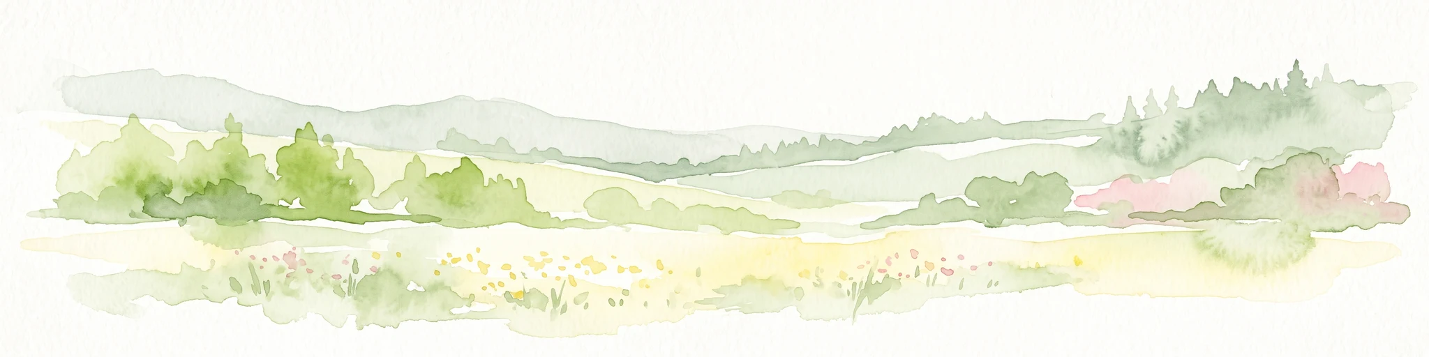 Watercolor painting of a green, rolling landscape with trees and distant hills against a white background.