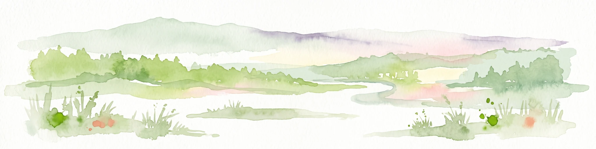 A horizontal watercolor painting depicting a soft green landscape with rolling hills, a meandering stream, and light vegetation.