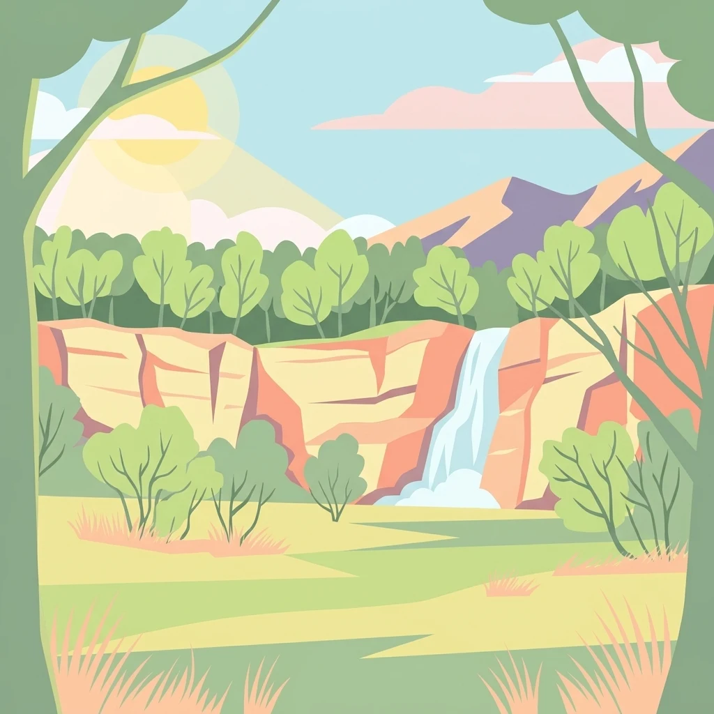 A colorful flat-design illustration depicting a waterfall falling over a rocky cliff face, surrounded by a forest and open landscape under a sunlit sky.