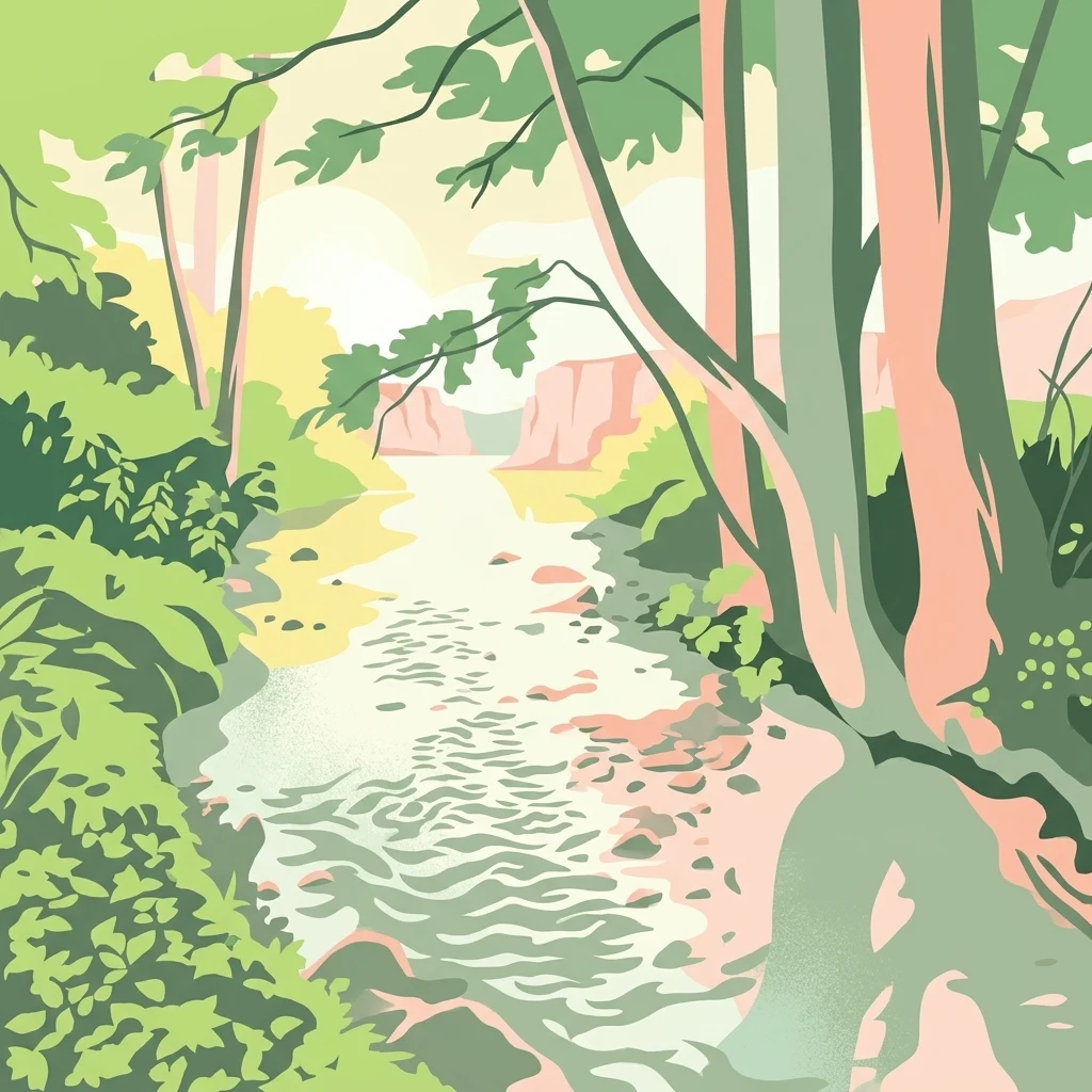 A stylized flat vector illustration of a forest stream flowing between trees and foliage toward a distant rocky valley.