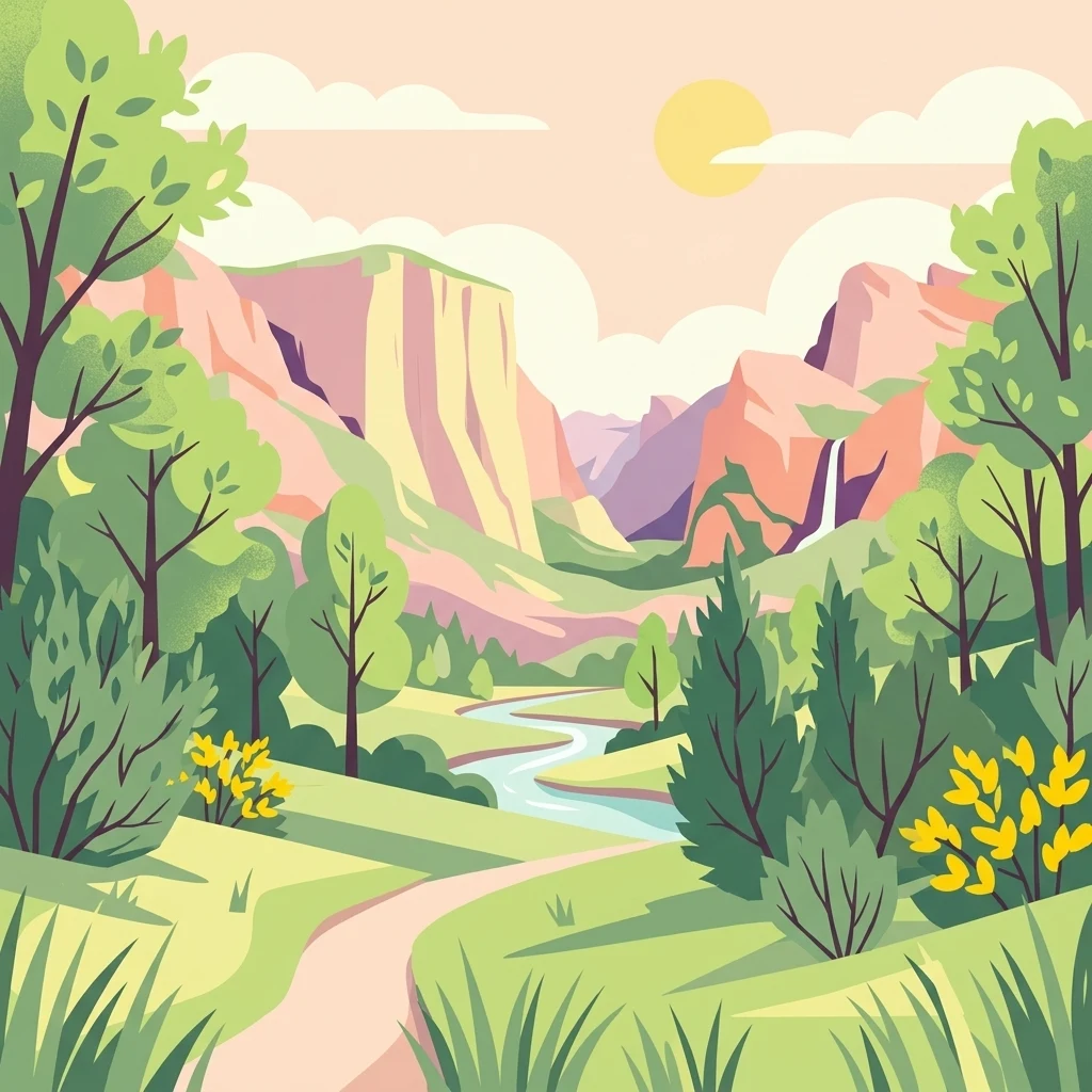 Una ilustración vectorial plana de un valle entre montañas rocosas con un río serpenteante en el centro, enmarcado por árboles y arbustos amarillos.