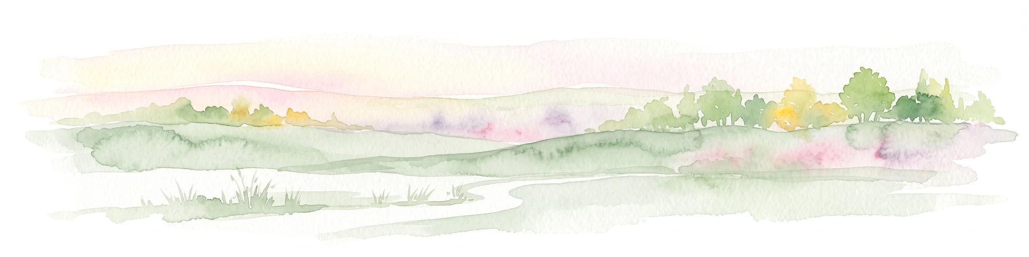 A soft, pastel-toned watercolor painting of a rolling rural landscape with low hills, sparse trees, and a winding path.