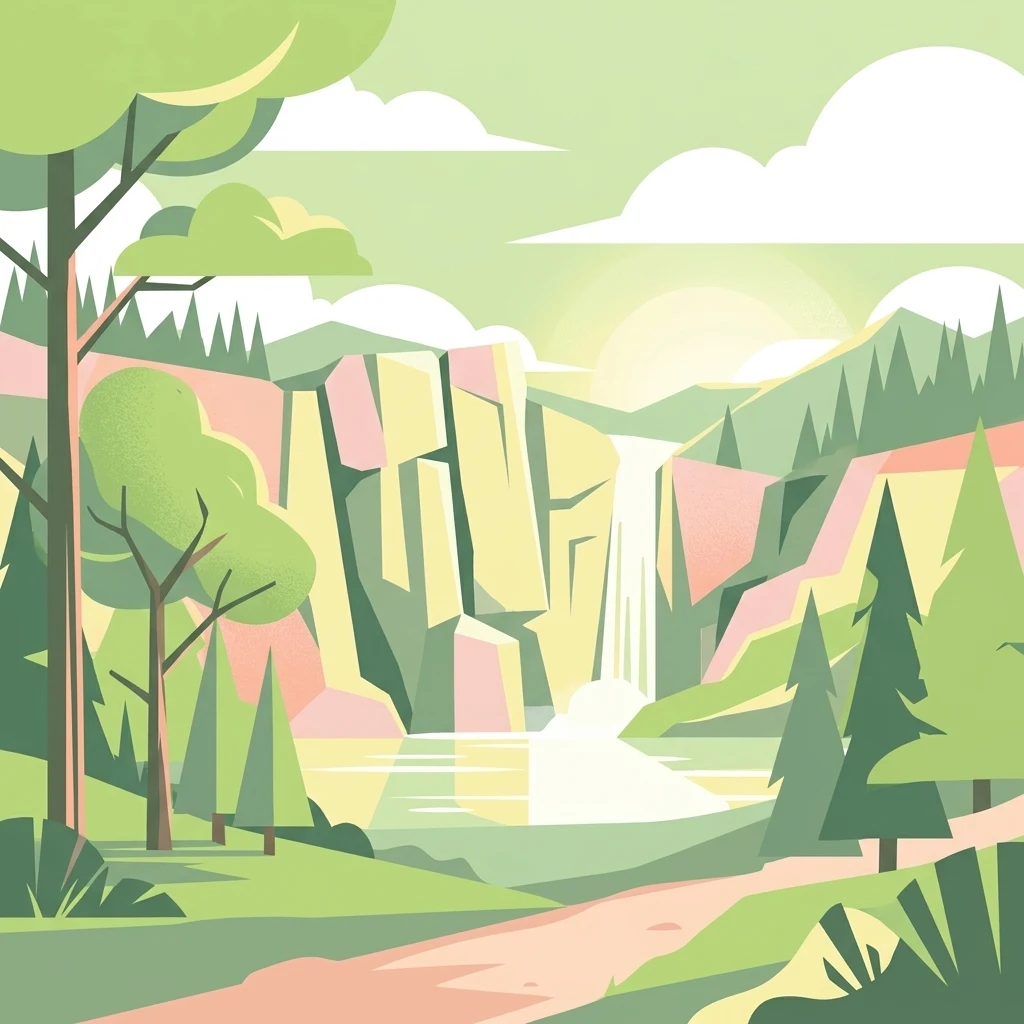 Una ilustración de estilo vectorial plano que muestra una cascada cayendo por acantilados de color rosa y amarillo hacia una masa de agua, enmarcada por pinos y árboles de hoja caduca verdes, con un sendero en primer plano y nubes en el cielo.
