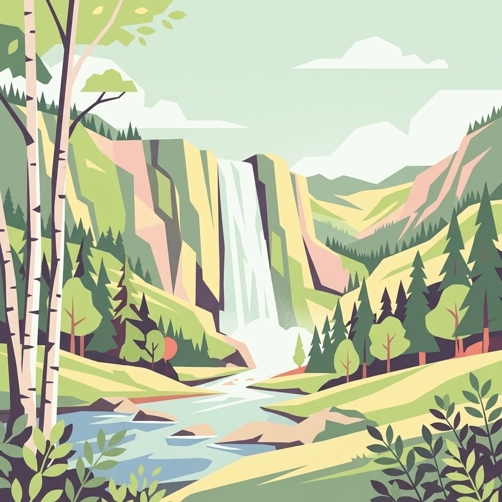 A flat-style digital illustration depicting a waterfall dropping from a cliff into a stream, flanked by coniferous trees and birch trees in a mountain valley.