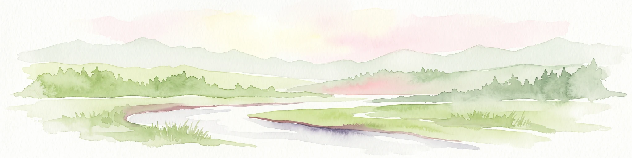 A watercolor illustration depicting a winding river flowing through a lush green valley with distant soft hills in the background.