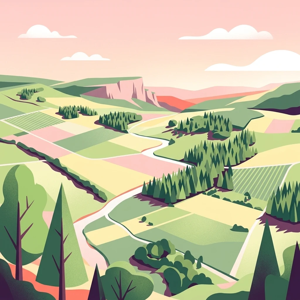Una ilustración vectorial estilizada de un paisaje de reserva natural alemana, con colinas onduladas, zonas de bosque, tierras de cultivo y un sendero serpenteante bajo un cielo de atardecer de colores pastel suaves.