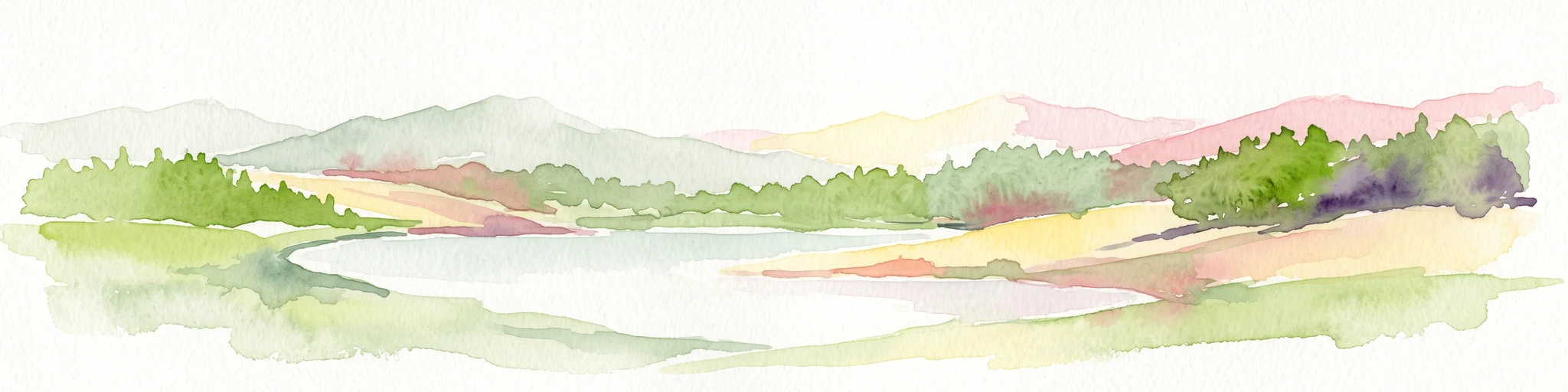 A watercolor painting showing a soft, peaceful landscape with a small body of water in the foreground, surrounded by grassy banks and low hills in the distance.