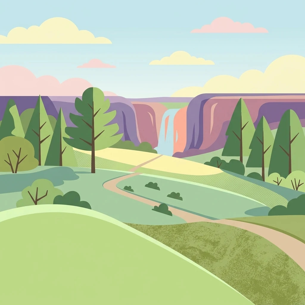 Una ilustración digital de estilo plano de un paisaje de parque con colinas verdes, árboles dispersos, un sendero de tierra que serpentea por el centro y una cascada que fluye sobre acantilados en la distancia bajo un cielo azul pálido.