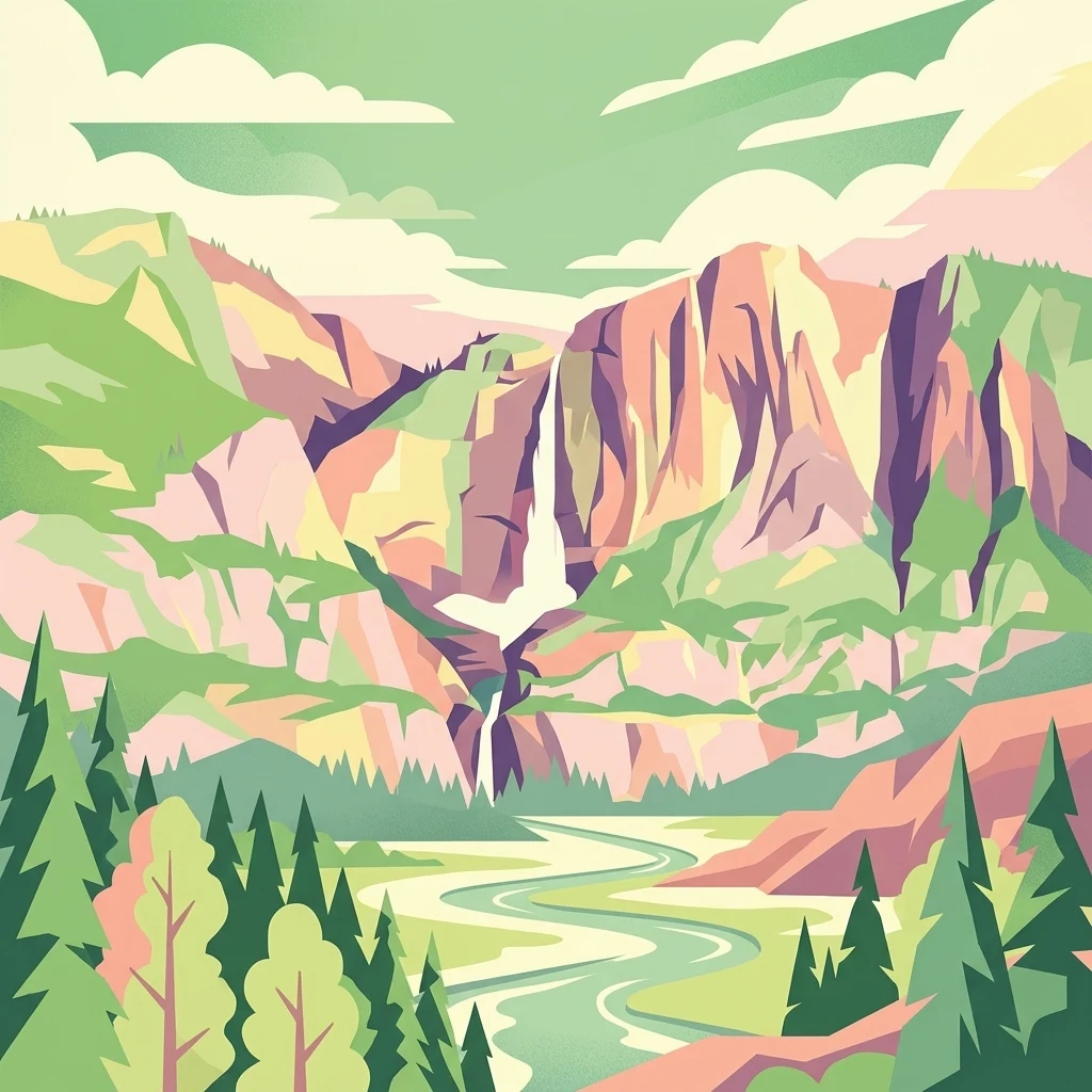 Una vibrante ilustración digital estilizada que representa un valle de montaña con acantilados escarpados, una cascada en cascada y un río que serpentea a través de un primer plano boscoso.