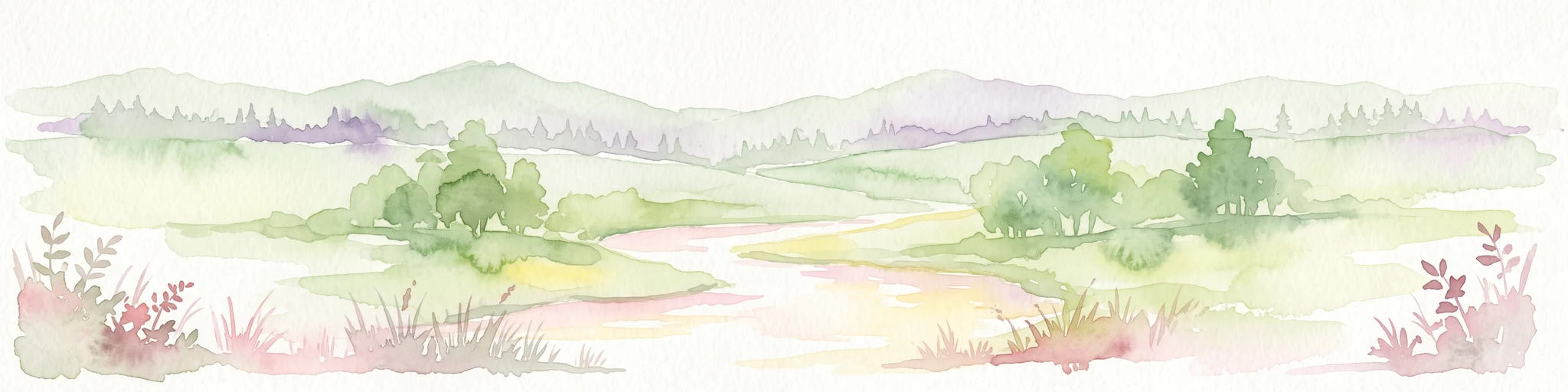 Una pintura horizontal en acuarela que representa un río sereno fluyendo a través de un paisaje verde suave con árboles y colinas onduladas a lo lejos.