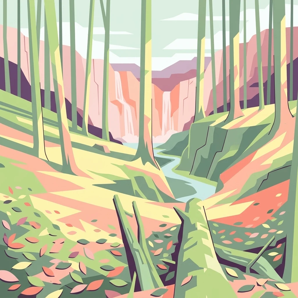 A stylized vector illustration of a forest with tall trees and scattered autumn leaves on the ground, leading towards a small waterfall in the distance.