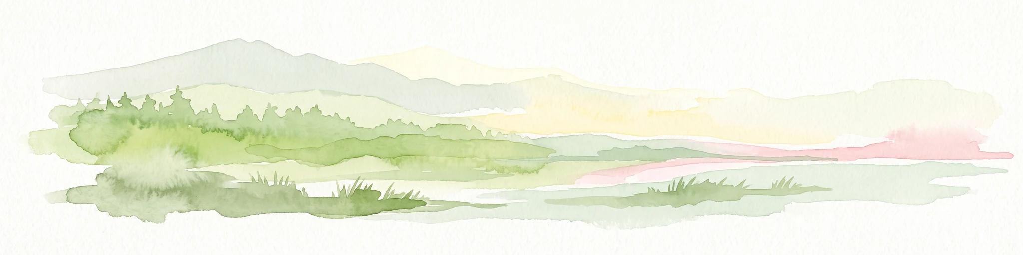 A soft watercolor painting of a rolling forested landscape with green hills and trees on a white background.
