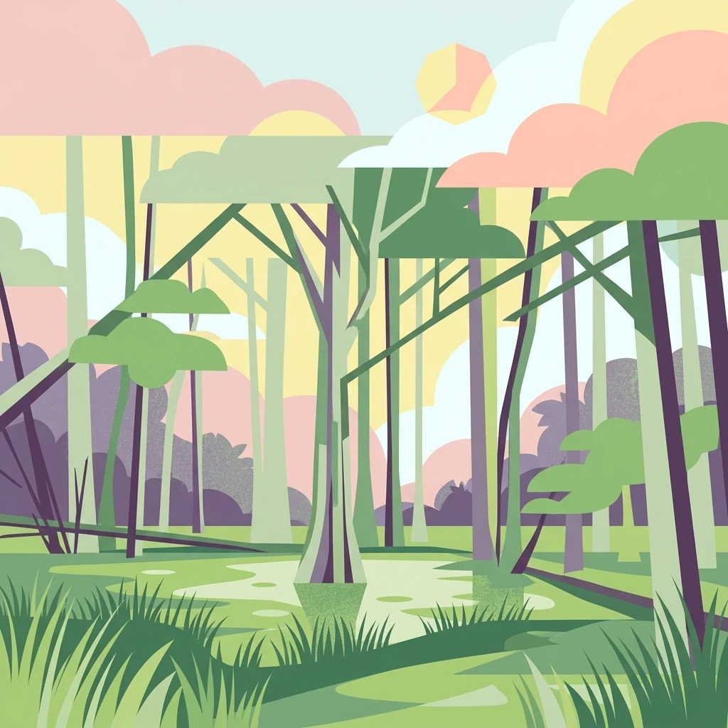 Una ilustración digital de estilo plano de una escena de bosque pantanoso con árboles altos y estilizados y un pequeño estanque de agua, representada en una paleta de verdes, rosas y amarillos.