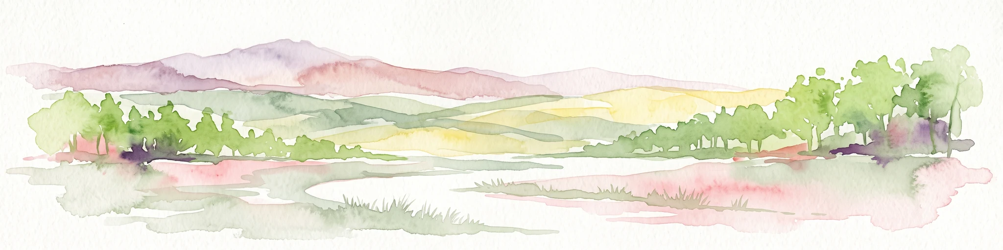 Watercolor painting showing rolling green hills, trees in the midground, and purple-tinted mountains in the background against a white backdrop.