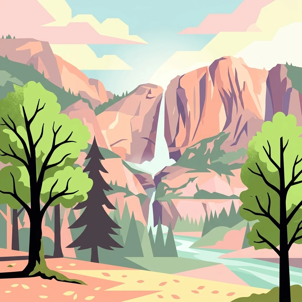 A flat, stylized illustration showing a mountain valley with steep rock faces, a multi-tiered waterfall, a winding river, and a forest of evergreen and deciduous trees.