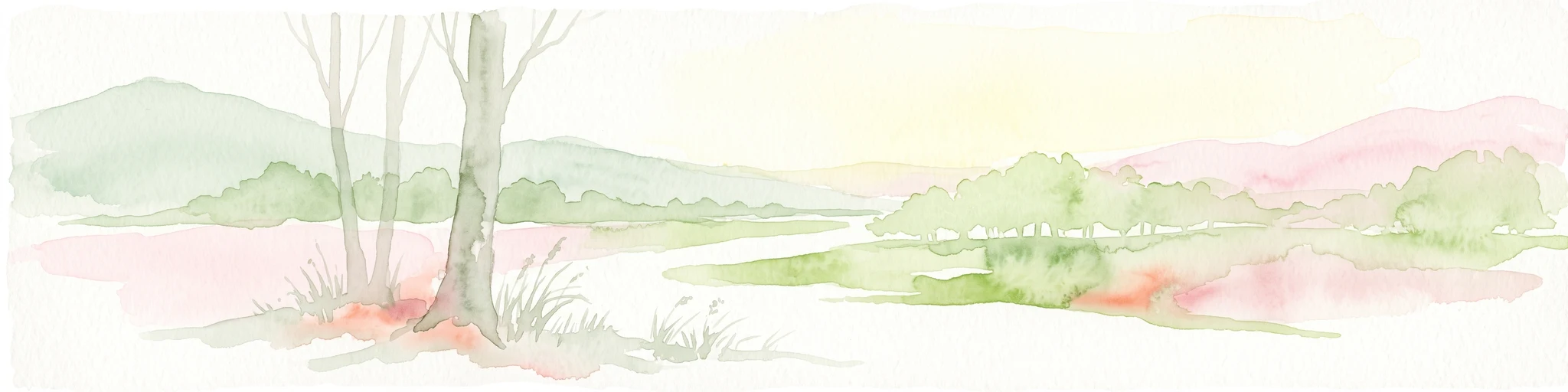 A watercolor painting showing a panoramic landscape with light green hills, tall slender trees in the foreground, and soft washes of color depicting a natural forest scene.