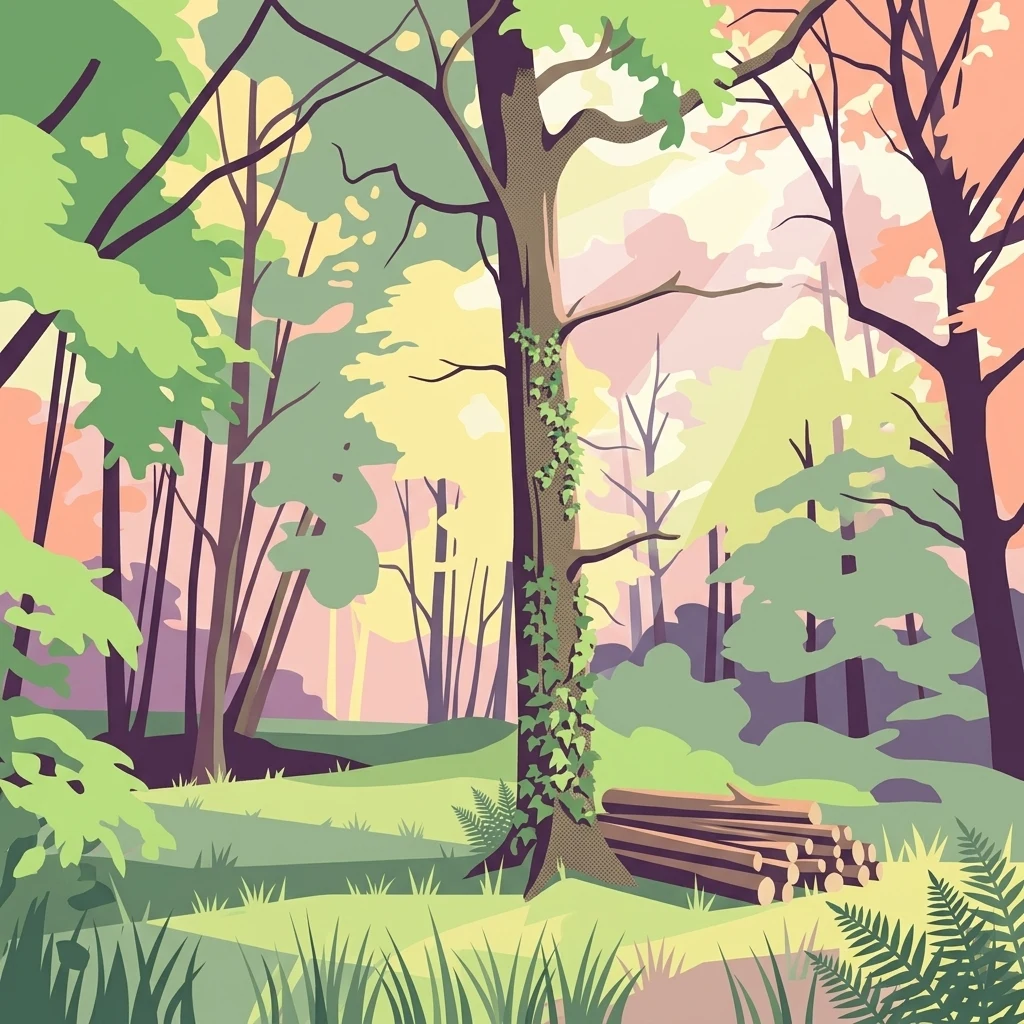 Una ilustración digital de una escena forestal con un gran árbol cubierto de hiedra en el centro y una pila de troncos a la derecha, representada en una paleta de verde, rosa suave y amarillo.