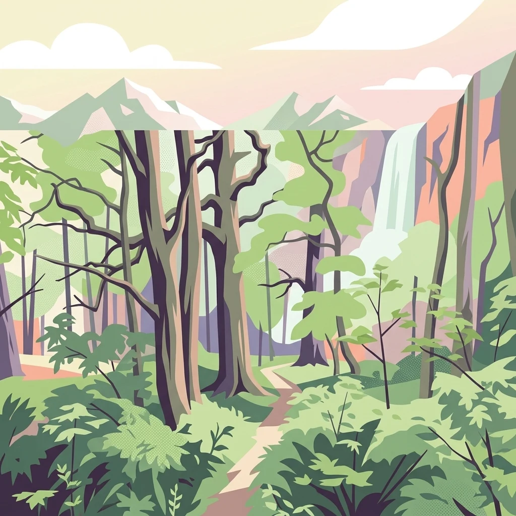 Una ilustración vectorial de estilo plano que muestra un sendero forestal, árboles densos, una cascada lejana y montañas nevadas bajo un cielo claro.