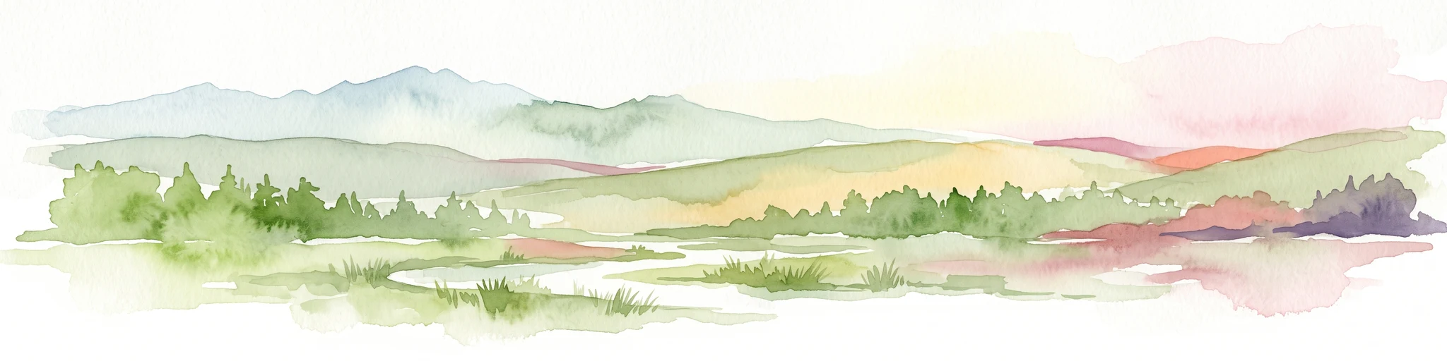 A watercolor illustration depicting a soft, rolling landscape of green hills, distant mountain silhouettes, and a winding stream.