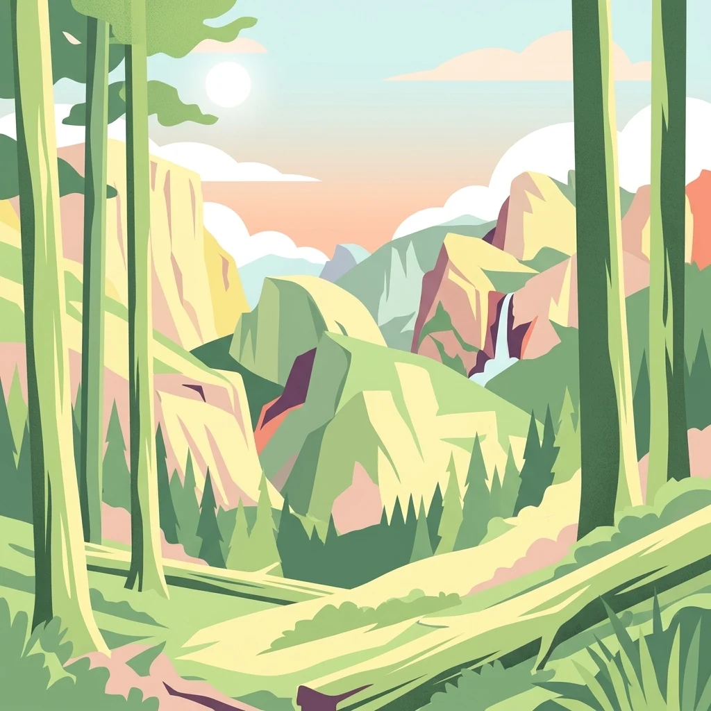 Una ilustración de diseño plano y estilizado de un valle de montaña, con árboles altos en primer plano, acantilados escarpados y una cascada en la distancia, bajo un cielo pálido.
