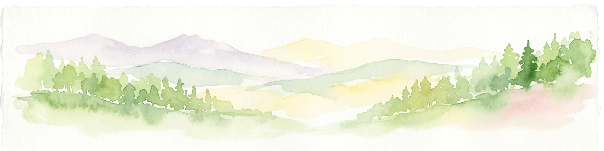 A horizontal watercolor painting showing soft, light-colored rolling hills and distant mountain ridgelines, with clusters of green trees in the foreground.