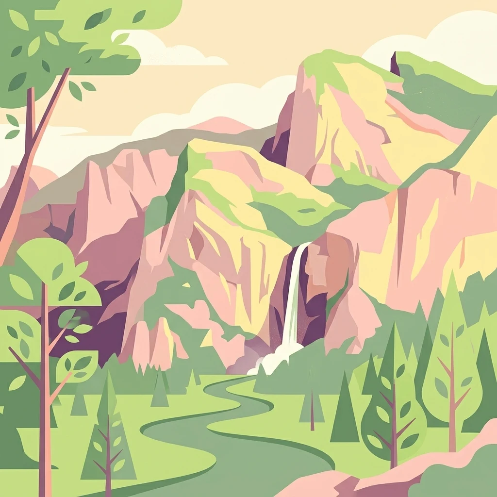 A flat-style digital illustration of a mountain range with a cascading waterfall in the center, flanked by green trees and a winding river in the foreground.