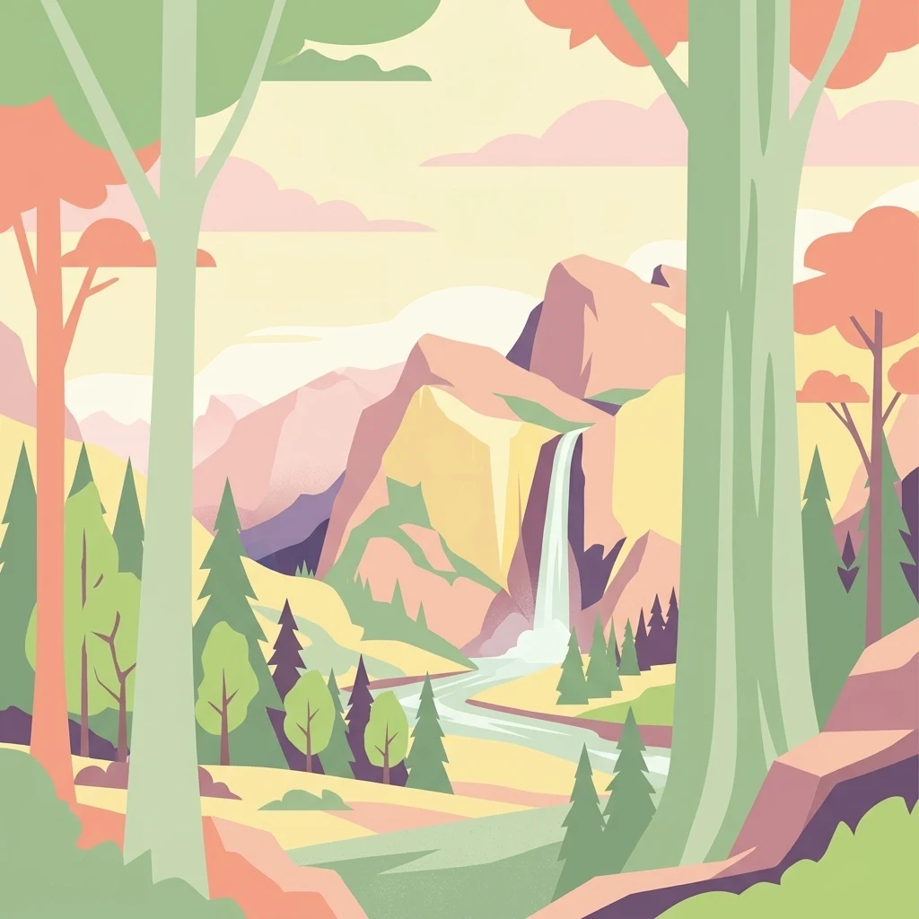 Una ilustración plana y colorida de estilo vectorial de un valle montañoso boscoso con una cascada que cae por un acantilado hasta un río.