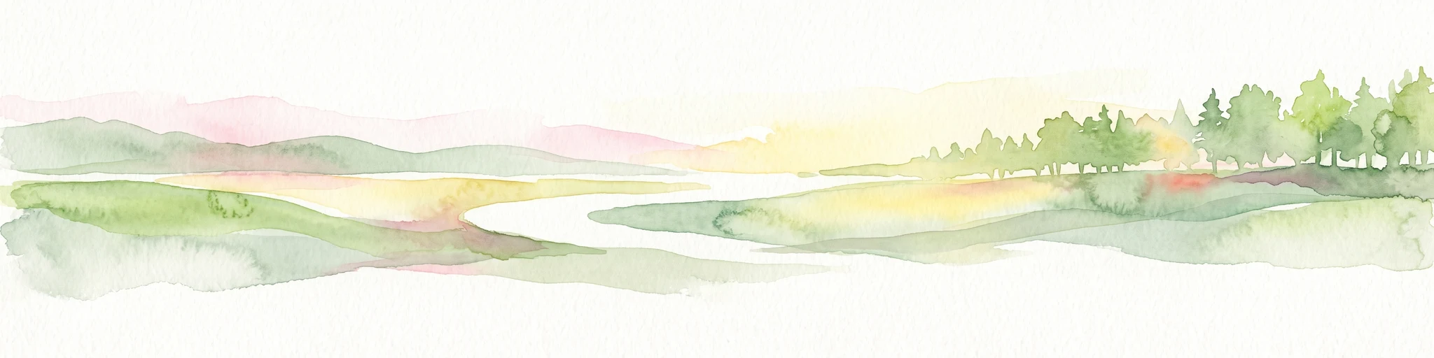 A horizontal watercolor painting showing a soft, abstract landscape with rolling green fields, a winding pale river, and a light-filled line of trees in the distance.