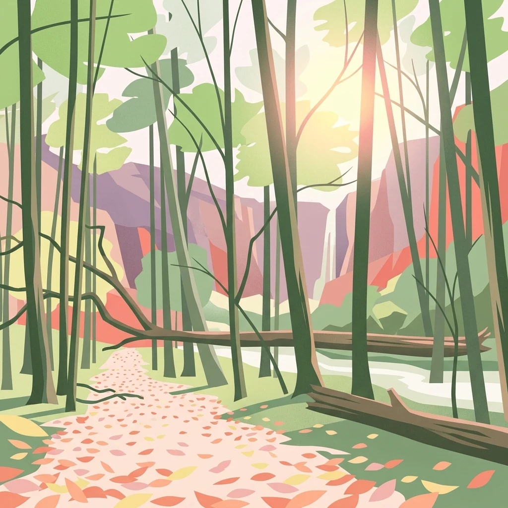 Stylized digital illustration of a forest path covered in fallen leaves leading toward a distant waterfall amidst trees, with a sunlit sky and vibrant color palette.
