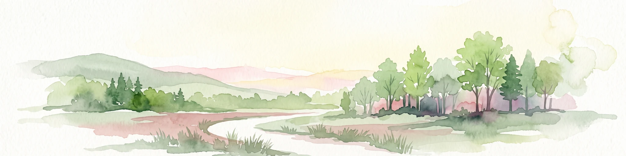 Watercolor painting of a gentle valley landscape featuring soft green hills, mixed deciduous and coniferous trees, and a winding stream.