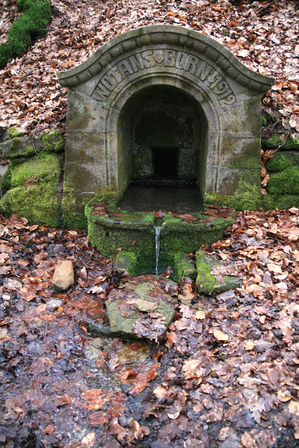 A stone spring structure named Wotansborn with a small archway and the year 1912 carved into the masonry, surrounded by mossy ground and fallen leaves in a forest setting.