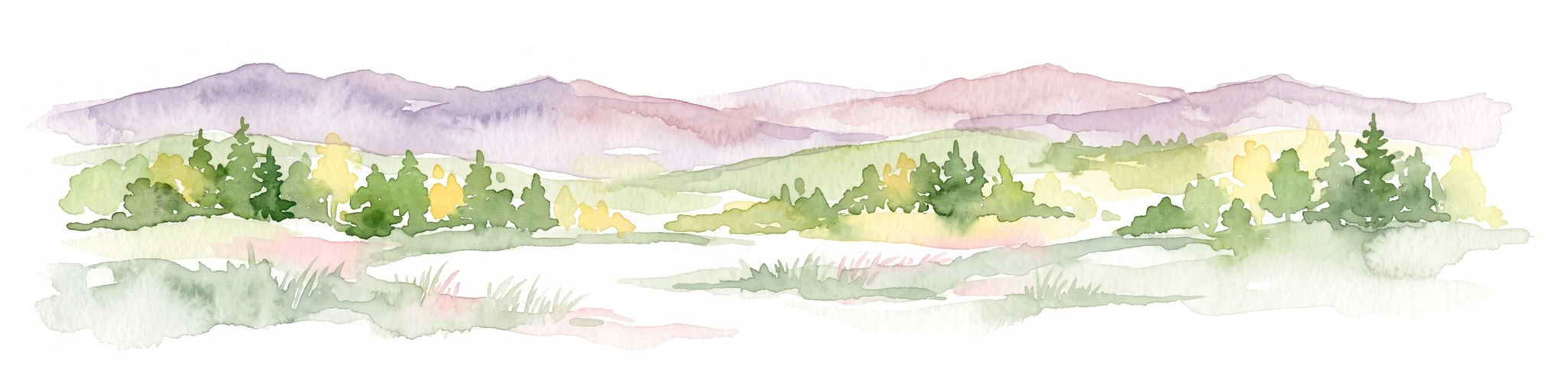 A horizontal watercolor painting showing a soft, layered forest landscape with coniferous trees in the foreground and rolling mountains in the distance.