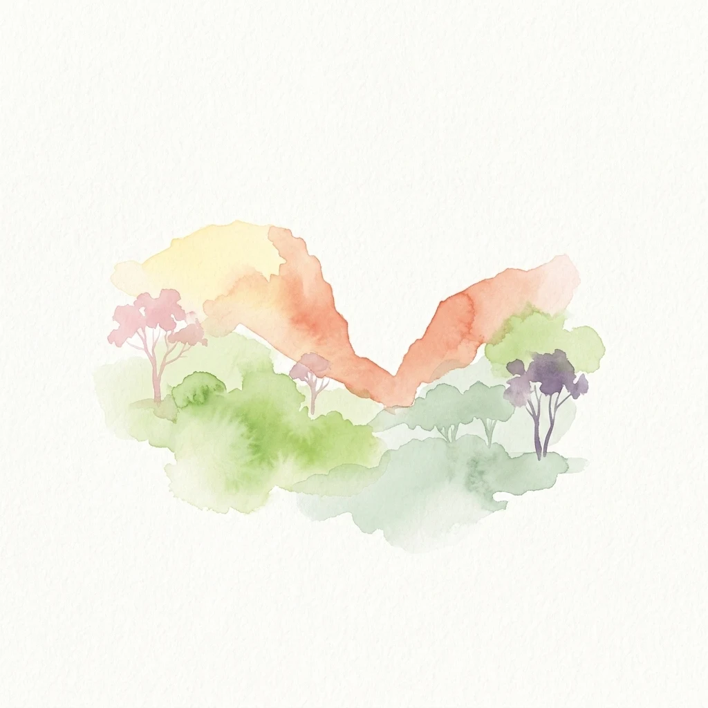 A watercolor illustration showing a V-shaped orange rock formation rising above green and purple trees against a white background.