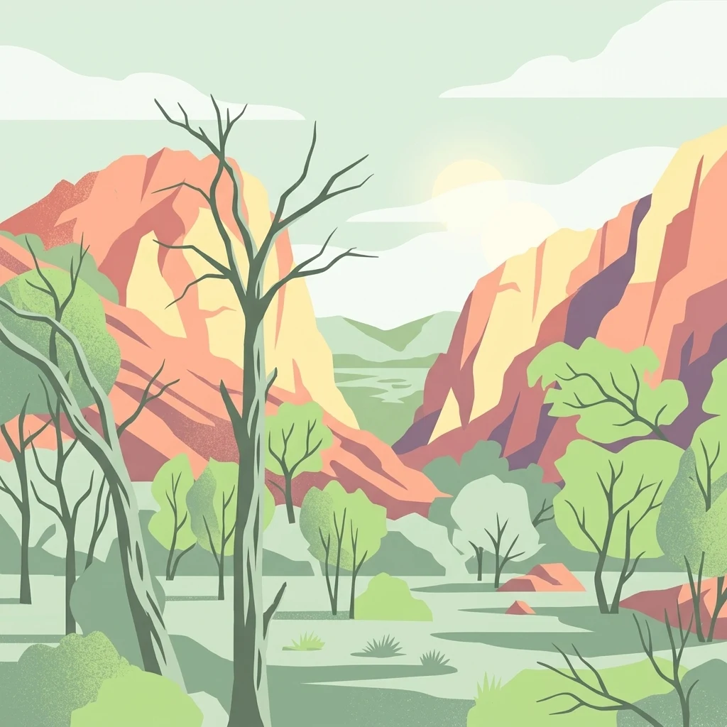 Una ilustración de estilo vectorial que muestra un valle con árboles verdes y árboles altos y desnudos en primer plano, flanqueado por escarpados acantilados de color naranja rojizo bajo un cielo pálido.