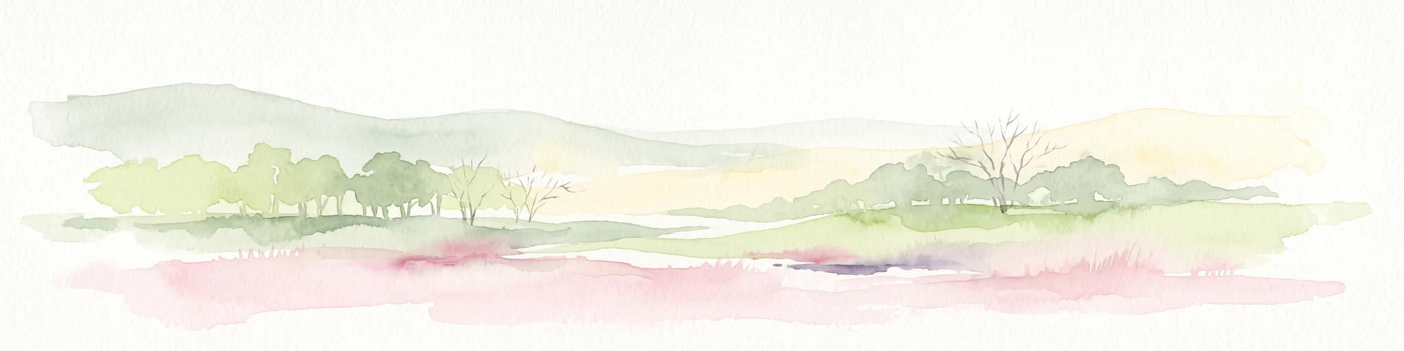 A watercolor landscape illustration showing soft, blended washes of light green, yellow, and pale pink, depicting rolling hills and sparse trees against a white background.