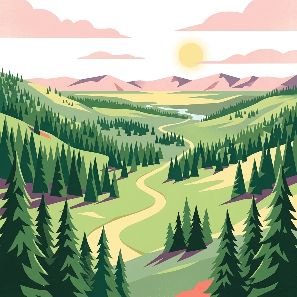 A flat, vector-style digital illustration depicting a winding path through a green, coniferous forest, with distant mountains and a setting sun under a soft sky.