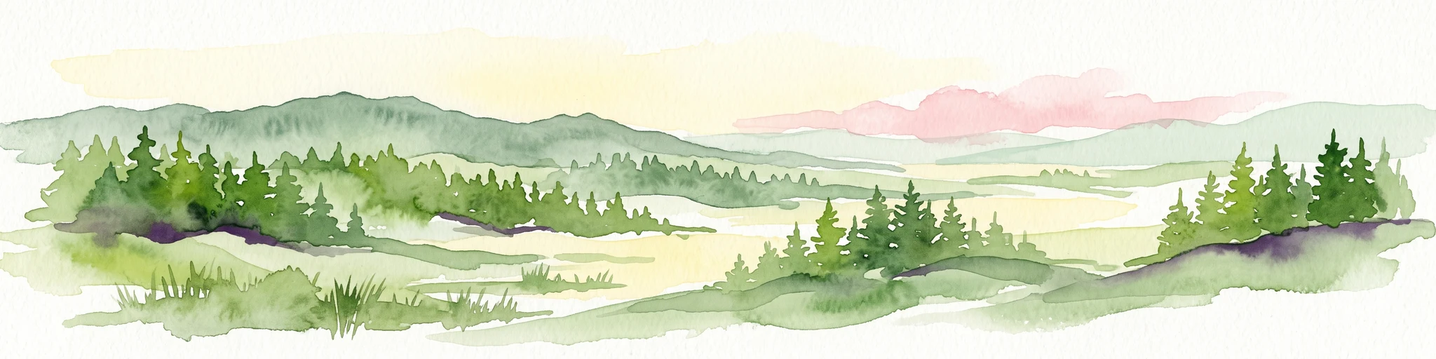 A watercolor painting showing a rolling landscape with green hills, patches of coniferous forest, and a soft, hazy sky.