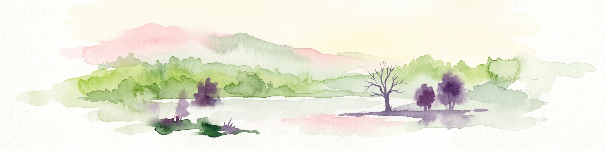 A soft watercolor painting of a serene river landscape with green hills, purple trees, and a lone bare tree by the water's edge.